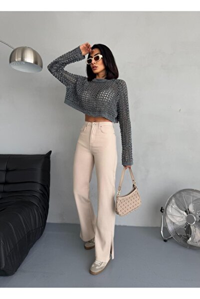 Zeo Basic BÉŽOVÉ DŽÍNOVÉ LÁTKOVÉ ŠIROKÉ NOHAVICE S DETAILEM ROZTĚRU