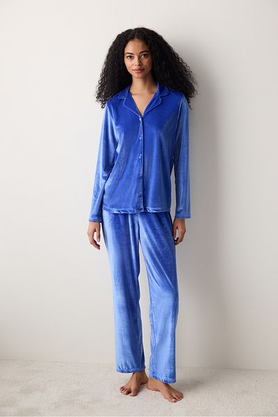 Penti Saks Blue Blue Velvet Shirt and Pants Pajama Set