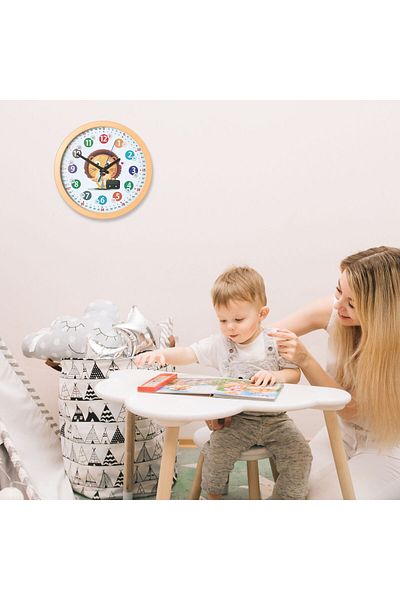 Relaxdays Children's wall clock, Arabic numerals, lion design, 30 x 4.5 cm, white/brown