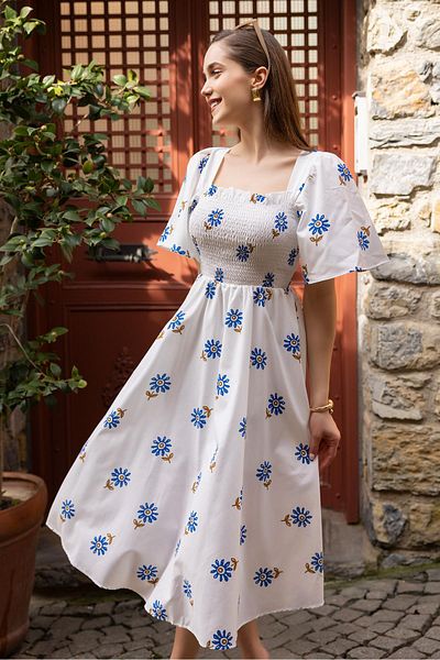 Lusin Rochie midi din popelin de vară, cu model floral, căptușită cu ghipel