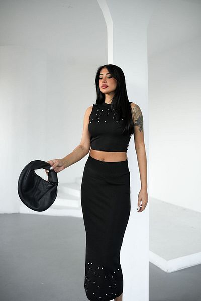 Lusin Women's Black Stylish Stone Pearl Detailed Crop Blouse - Skirt Bottom Top Double Summer Fabric Knitwear Set