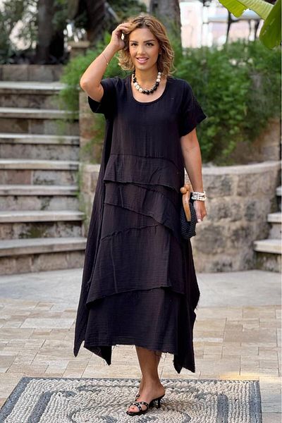 Nevin Kaya Moda Μαύρο φόρεμα Datça Muslin από 100% βαμβάκι