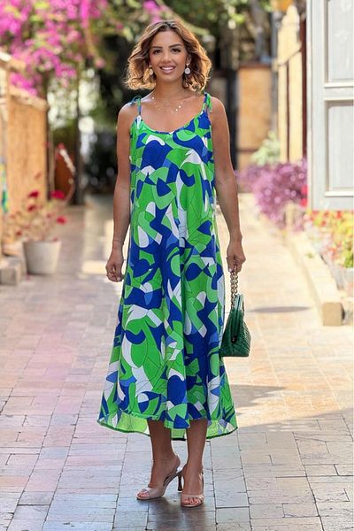 Nevin Kaya Moda Green Cleopatra Patterned Shoulder Tie Strap Dress