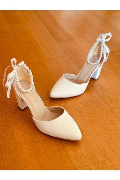 İlkinin Pabuçları White Bridal Shoes, Medium-Sized Pearl Women's Evening Dress Shoes 7cm Thick Heel