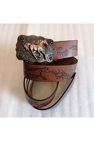 Butik Tülin Unisex Authentic Faux Leather Coffee Horse Flower Printed Copper Star Running Horse Cowboy Buckle Belt Thailand