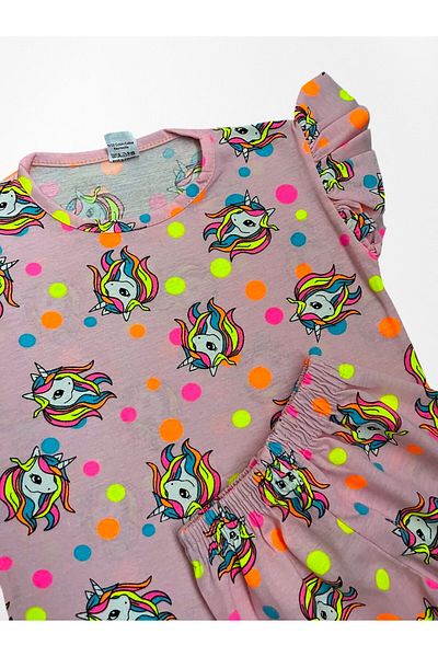 Pijamakids Girl's Cotton Pink Unicorn Polka Dot Patterned Short Sleeve Thin Shorts Summer Pajama Set