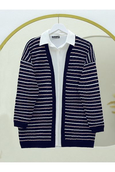 Modamorfo Colorful Striped Mesh Knitwear Cardigan - Navy