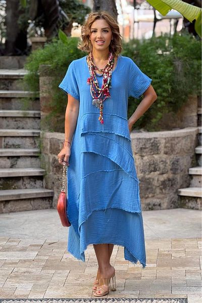 Nevin Kaya Moda Φόρεμα Blue Datça Muslin Ύφασμα 100% Βαμβάκι