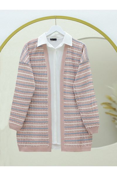 Modamorfo Colorful Striped Mesh Knitwear Cardigan - Powder