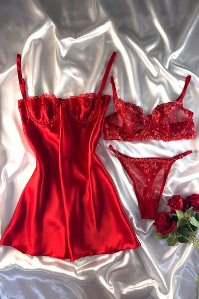 Madame Mercy 3-Piece Red Babydoll Heart Underwear Set (Dowery, Engagement, Bundle)