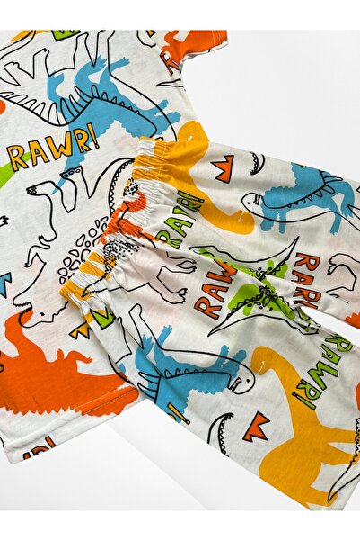 Pijamakids Set de pijamale de vară pentru băieți, din bumbac, de culoare albă, cu model de dinozauri, cu mâneci scurte și pantaloni scurți subțiri