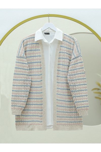 Modamorfo Colorful Striped Mesh Knitwear Cardigan, Cream Fabric