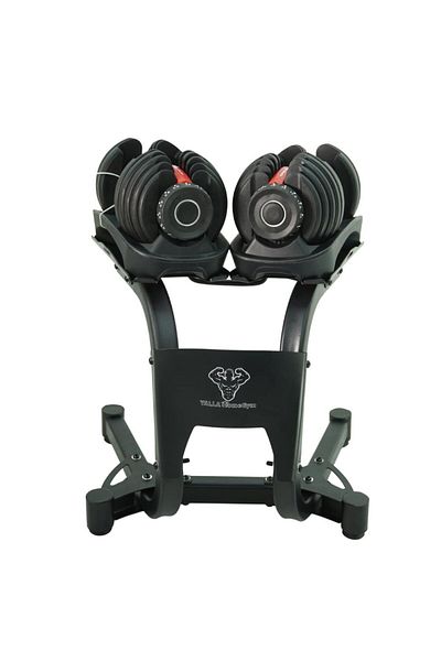 YALLA HomeGym 24KG PAIR of Smart ADJUSTABLE DUMBBELLS with Heavy-Duty Stand Quick Automatic 15 Weight Adjustment