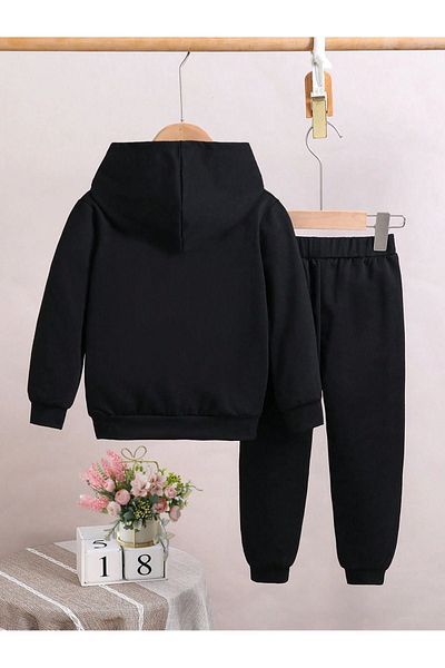 VBSVİBES Costum cu glugă pentru copii din bumbac imprimat Sweet Cat - Jogger negru imprimat fete băieți