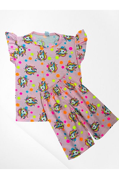 Pijamakids Girl's Cotton Pink Unicorn Polka Dot Patterned Short Sleeve Thin Shorts Summer Pajama Set