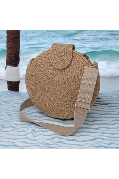 Hediyeninellitonu geantă de umăr rotundă din paie pentru femei, răchită de iută, design natural