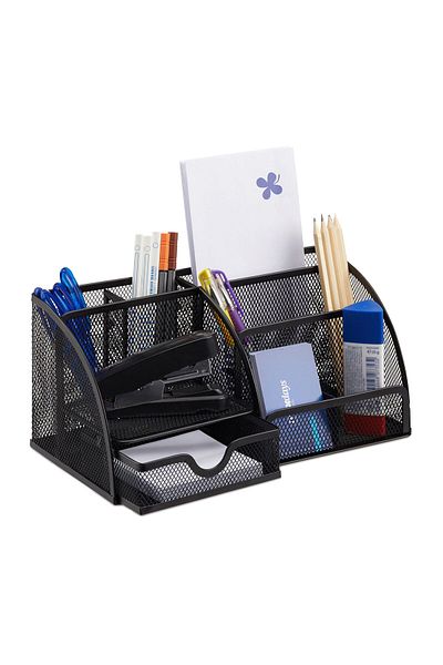 Relaxdays Metal Desk Organizer, 6 Compartments, Drawer, Black, 12.5 X 27.5 X 14 Cm