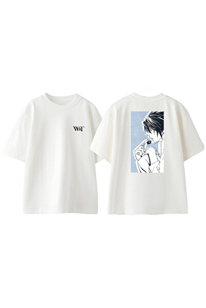 THEWERT Death Note L 6 Tricou supradimensionat alb din bumbac imprimat pe spate