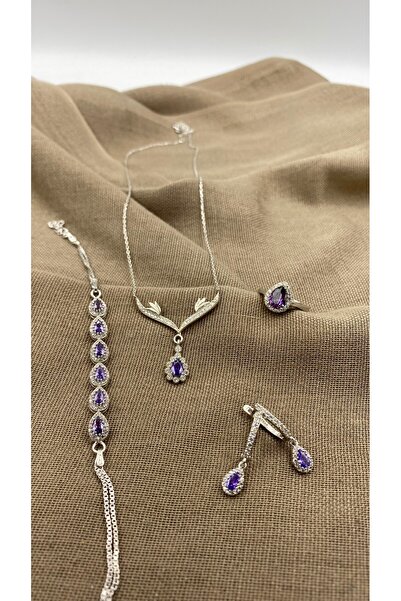 SURA SILVER AMETİST DAMLA MODEL RODYUM 925 AYAR GÜMÜŞ SET (KOLYE,KÜPE,BİLEKLİ...