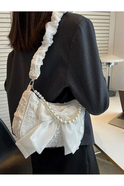 La Saade Y2K Coquette White Bow Hand and Shoulder Bag