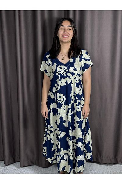 Sobe Hediyelik Rochie Picasso de vară cu model alb bleumarin Mărime standard țesătură fluidă din viscoză