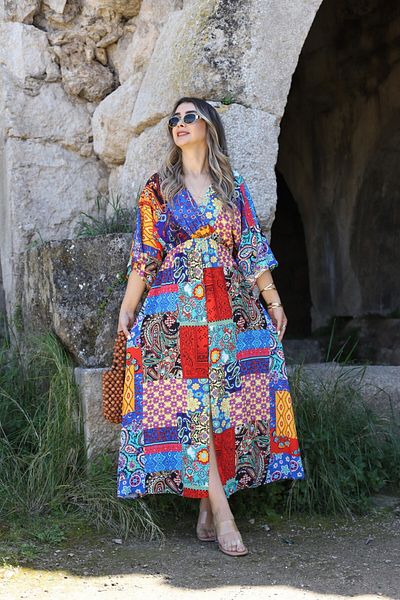 bytugcekaya Blue Ethnic Pattern Bat Sleeve Slit Detail Dress