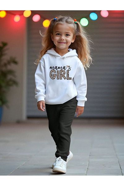 DUBU BUTİK Mama's Girl Printed Cotton Kids Hoodie Set - Top White Bottom Black Printed Girls Boys