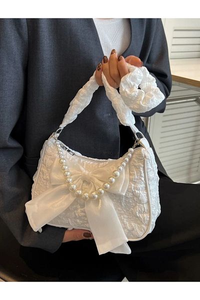 La Saade Y2K Coquette White Bow Hand and Shoulder Bag