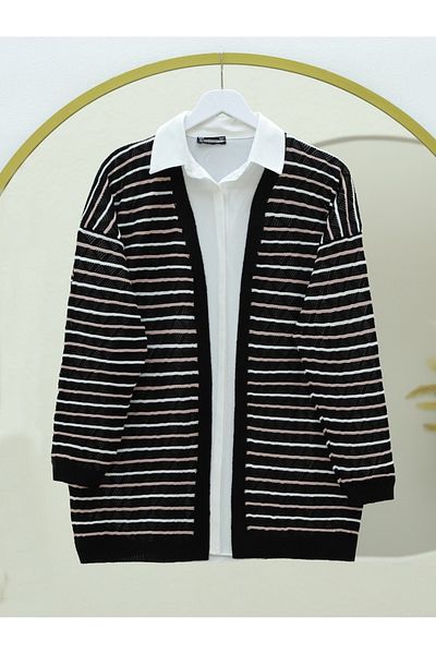 Modamorfo Colorful Striped Mesh Knitwear Cardigan -Black