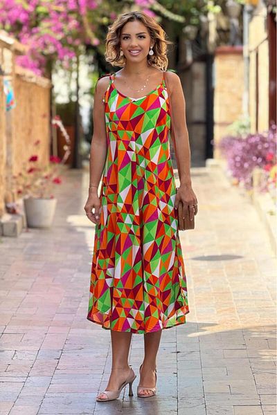 Nevin Kaya Moda Rochie portocalie cu modele de mozaic cu bretele cu umeri