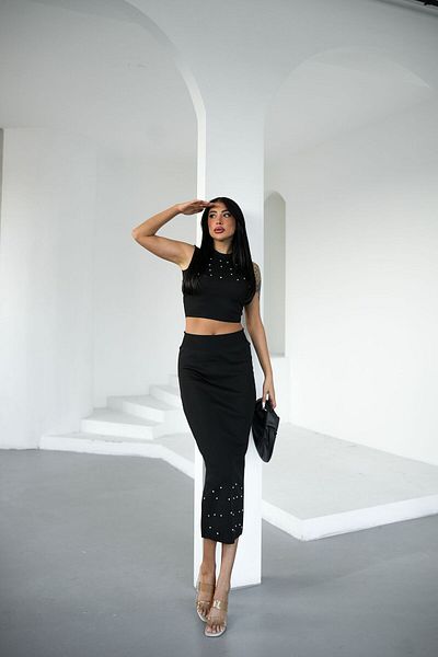 Lusin Women's Black Stylish Stone Pearl Detailed Crop Blouse - Skirt Bottom Top Double Summer Fabric Knitwear Set