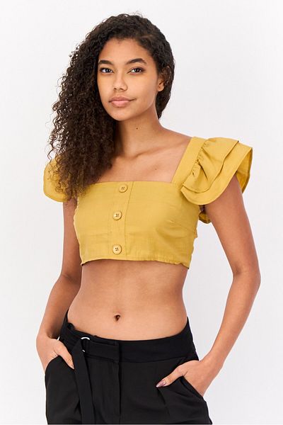 DeFacto Women Square Neck Short Sleeve Solid Blouse, Yellow