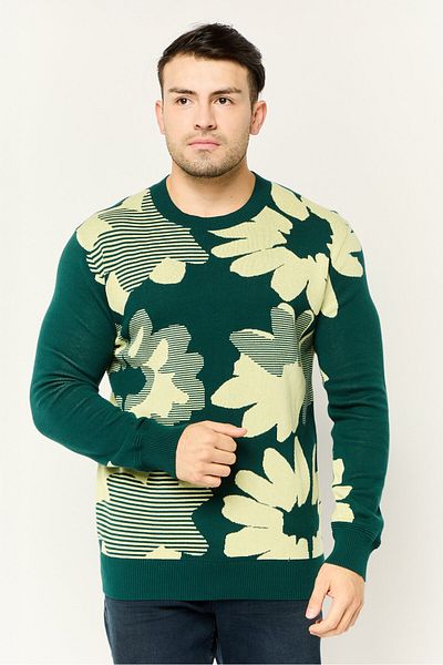 Esprit Men Jacquard Floral Knitted Sweater, Dark Green