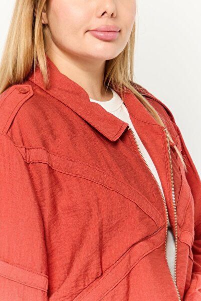 Dkny Women Plain Full Zip Shirt Jacket, Rust Red