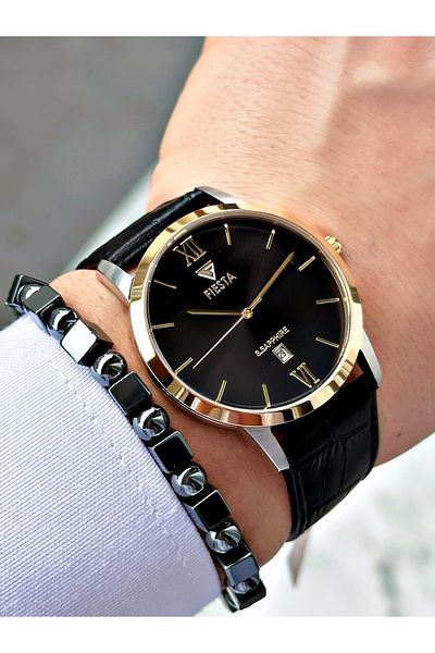 Fiesta Black Color Roman Numeral Steel Case Business Men's Wrist Watch + Bracelet