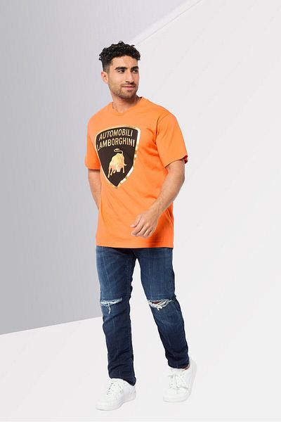 Lamborghini Men Crew Neck Short Sleeve Graphic Print T-Shirts, Orange