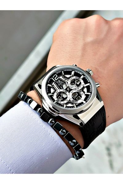 Fiesta Black Color Function Steel Case Sport Leather Silicone Men Wrist Watch + Bracelet