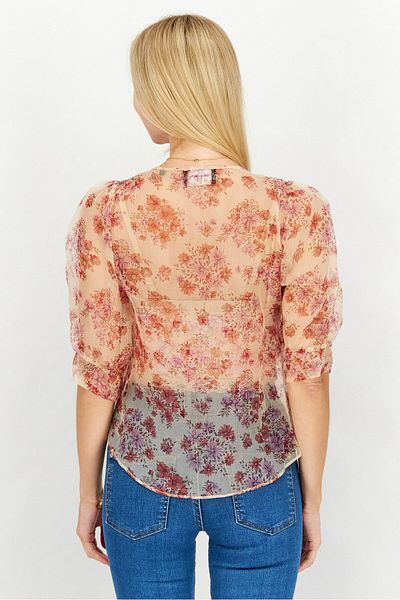 The Kooples Women Round Neck 3/4 Sleeve Floral Top, Red Combo