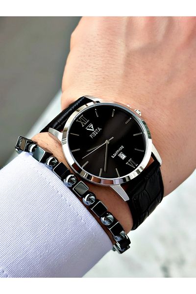 Fiesta Black Color Roman Numeral Steel Case Business Men's Wrist Watch + Bracelet