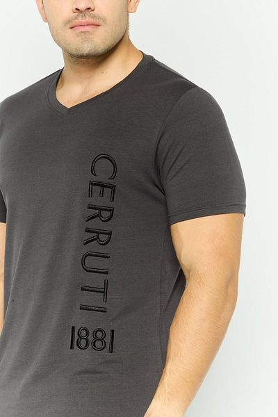 Cerruti 1881 Men V Neck Short Sleeves Embroidered Logo T-Shirt, Dark Grey