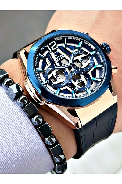 Fiesta Black Color Function Steel Case Sport Leather Silicone Men Wrist Watch + Bracelet