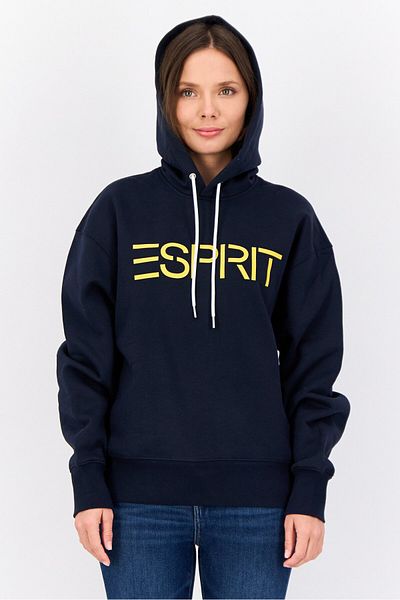 Esprit Women Hooded Long Sleeves Brand Logo Sweatshirt, Marine Navy