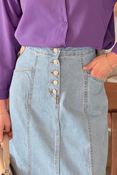 lamelif Button Detailed Cupped Hijab Denim Skirt Ice Blue