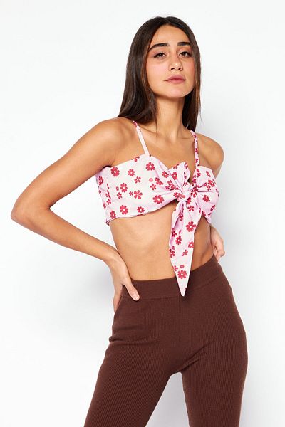 Skinny Dip London Women Tie Neck Sleeveless Floral Print Cami Top, Pink Combo