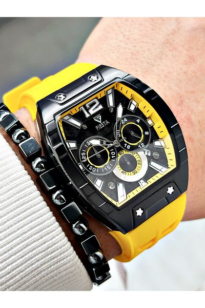 Fiesta Yellow Color Silicone Function Steel Case Business Men's Wrist Watch + Bracelet