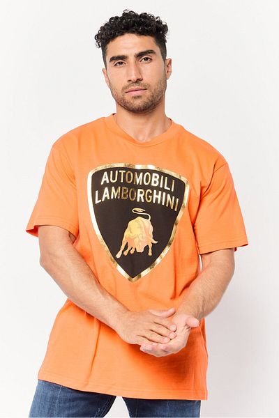 Lamborghini Men Crew Neck Short Sleeve Graphic Print T-Shirts, Orange