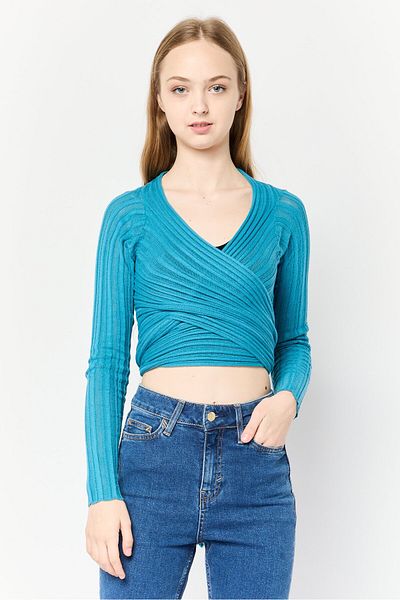 collusion Women Split Neck Knitted Wrap Cardigan, Mid Blue