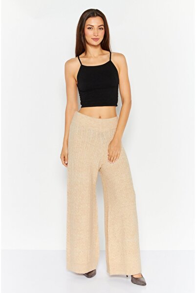 Esprit Women Regular Fit Heather Knitted Wide Leg Pants, Beige