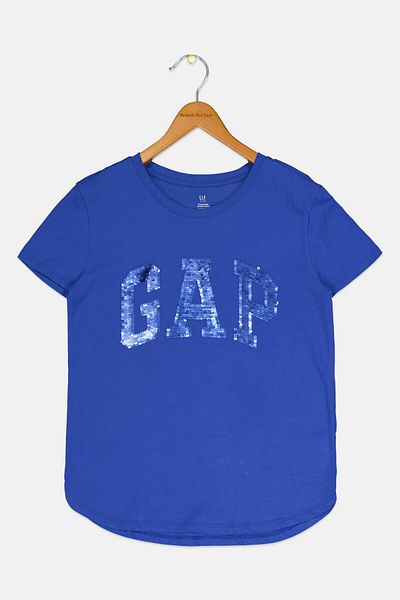 GAP Kids Girl Round Neck Short Sleeves Sequin Top, Blue