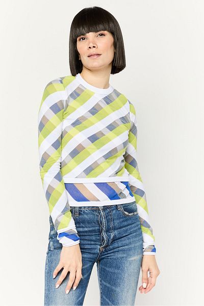 Diesel Women Crew Neck Long Sleeves Checkered Top, White Combo